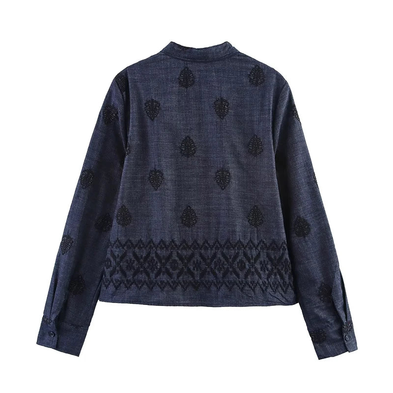 Vintage Women Long Sleeve V Neck Embroidered  Blouse Spring Summer 2025 Streetwear Tops Blusas Mujer