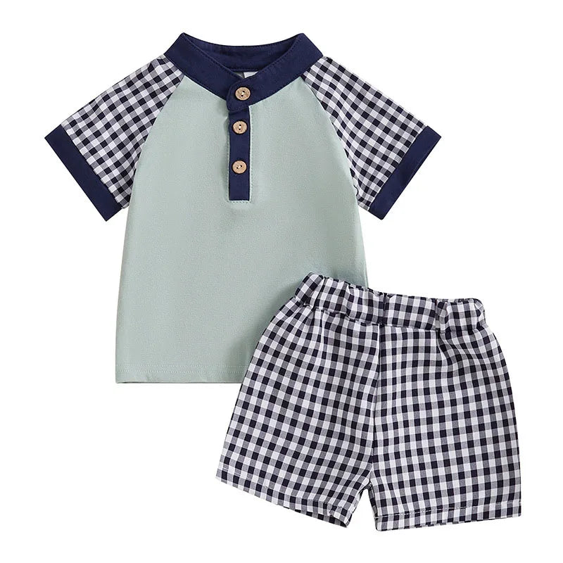 New Summer Kids Clothes Set Boys Girls Cute Patchwork Tops + Grid Short Children Casual Suit 2PCS 1-3Y Unisex