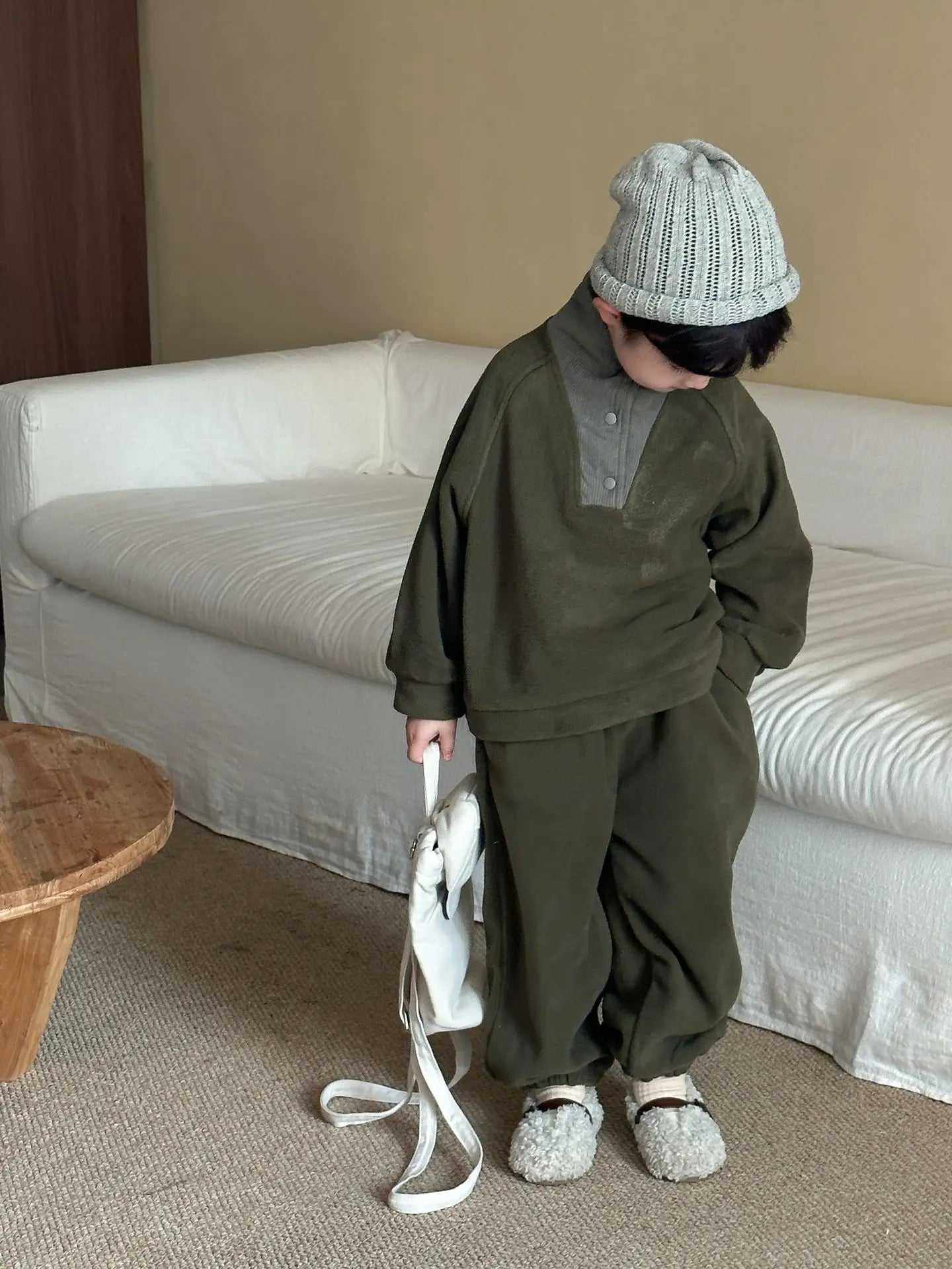 Unisex 2Pcs Autumn Winter Warm Clothing Set Fleece Hoodie and Pants Suit Turtleneck Double Fleece Kids Tracksuit