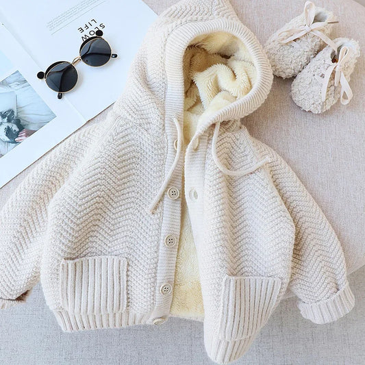 Winter Kids Sweaters Fur Lining Girls Cardigans Warm Boys Knitwear Children Outfit 1-7Y Unisex