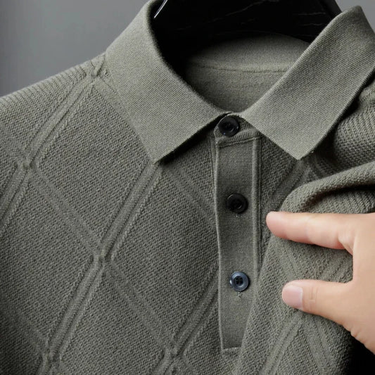 Men's Solid Colour Geometric Pattern Warm Polo, High Quality Woollen Sweater, Suitable For Business Casual & Daily Commute