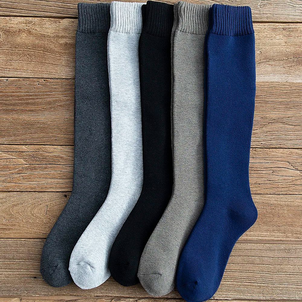 3 Pars Men's Winter Thick Warm Knee-High Cotton Socks - High-Quality Long Black Casual Fashion Socks for Cold Weather