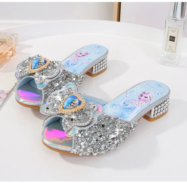 Zomersandalen voor meisjes, modieuze slippers met pailletten, prinsessenschoenen voor kinderen, hoge hakken, feestjurken, Elsa-schoenen, leren slippers voor meisjes