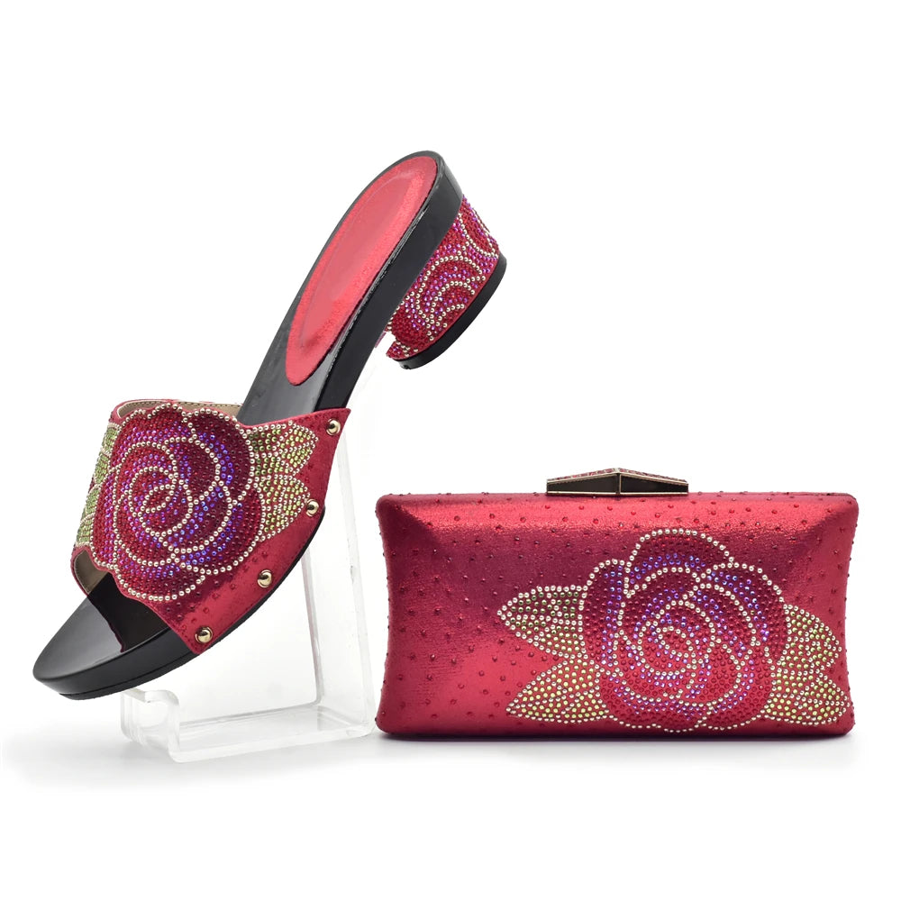 Women's Italian Shoes with Matching Bags Set Decorated with Rhinestone Open Toe Ladies' Slippers Shoes