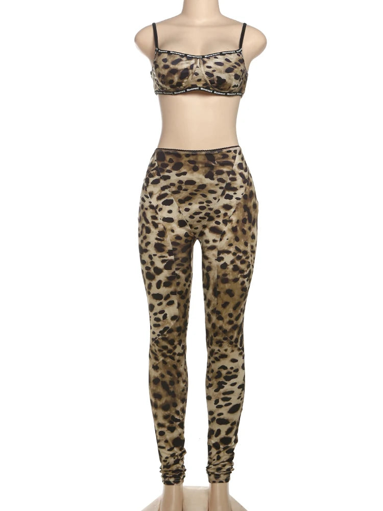 Stretch Women 2 Piece Set Activity Leopard Print Sexy Tracksuit Streetwear Sporty Camisole Vest + Leggings Skinny Outfits