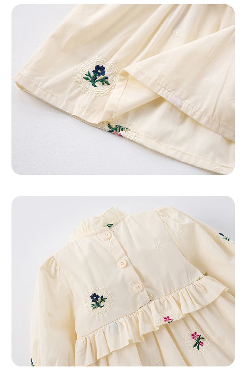 Spring Girls' Long Sleeve Dress 0-6Y Flower Embroidery Ruffled Collar Baby Children's Princess Dress Retro Style Kid's Clothing