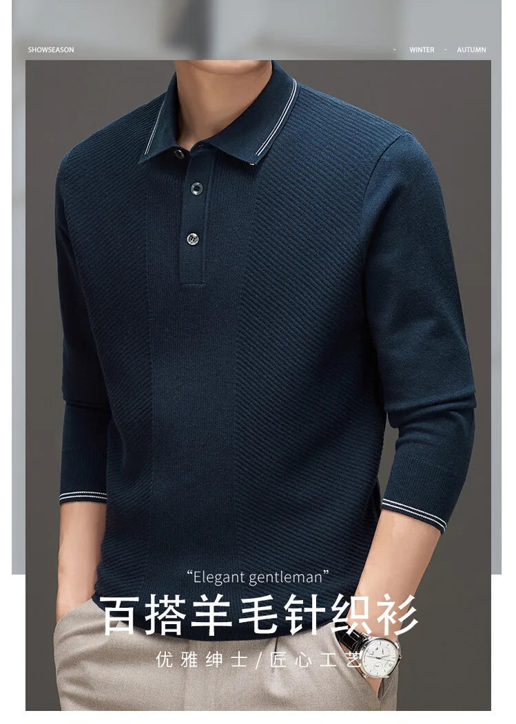 Men's Solid Colour Business Casual Polo Shirt, Suitable For Daily Commute, Pullover Sweater, Warm Knitted Long-Sleeved Cardigan