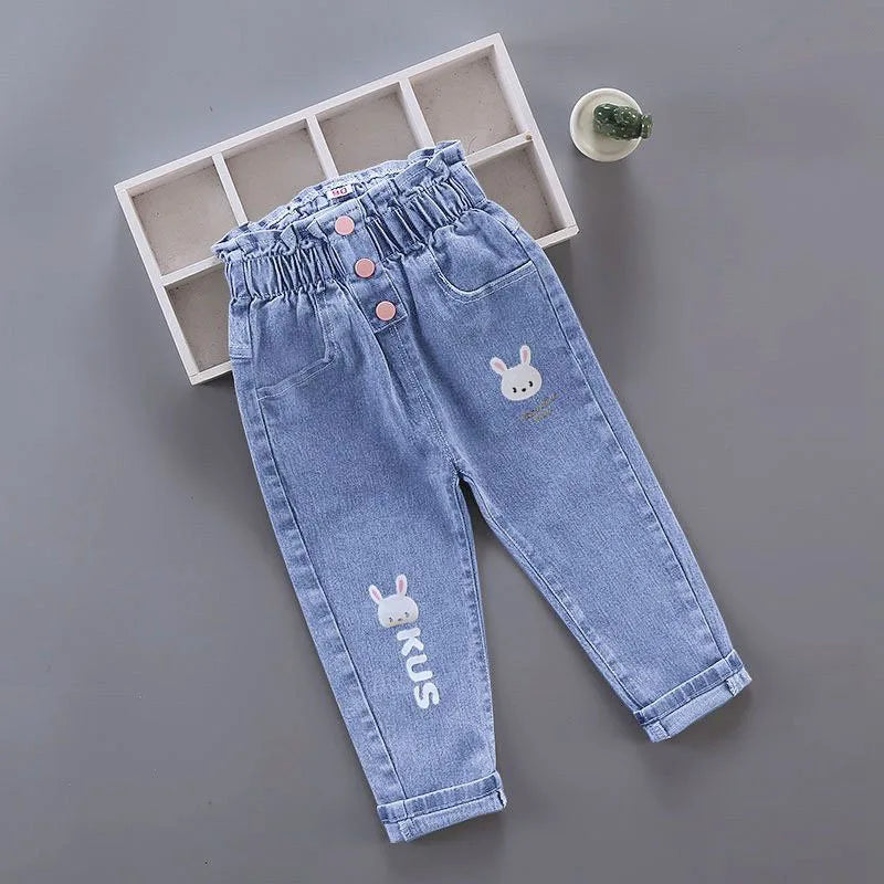 New Spring Kids Jeans Girls Boys Cute Embroidery Cherry Flower Denim Blue Pants Children Outwear Trousers 4-6Y Unisex
