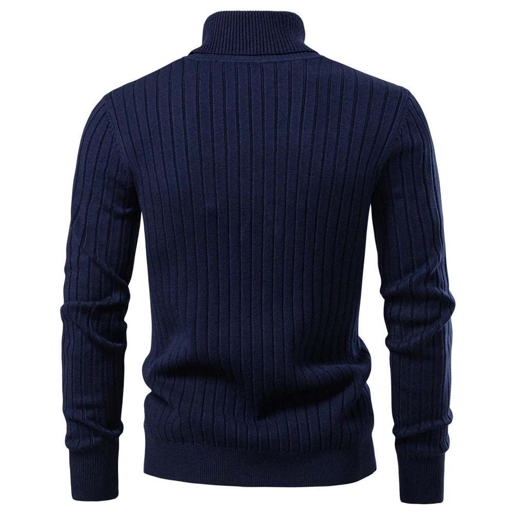 Men's Turtleneck Sweater Solid Colour With Striped Pullover Warm Knitwear Winter Casual High Quality Male Sweater