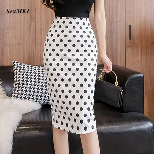 Fashion Polka Dot Printed Skirts Women 2025 White Long Pencil Skirt Korean Clothing Sexy High Waist Office Bodycon Black Skirt
