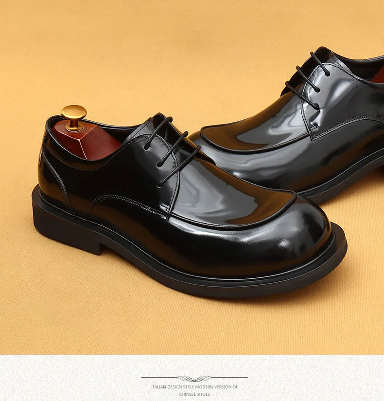 Men's business lace up casual leather shoes British big toe shoes cowhide patent leather round toe derby shoes Retro men's shoes
