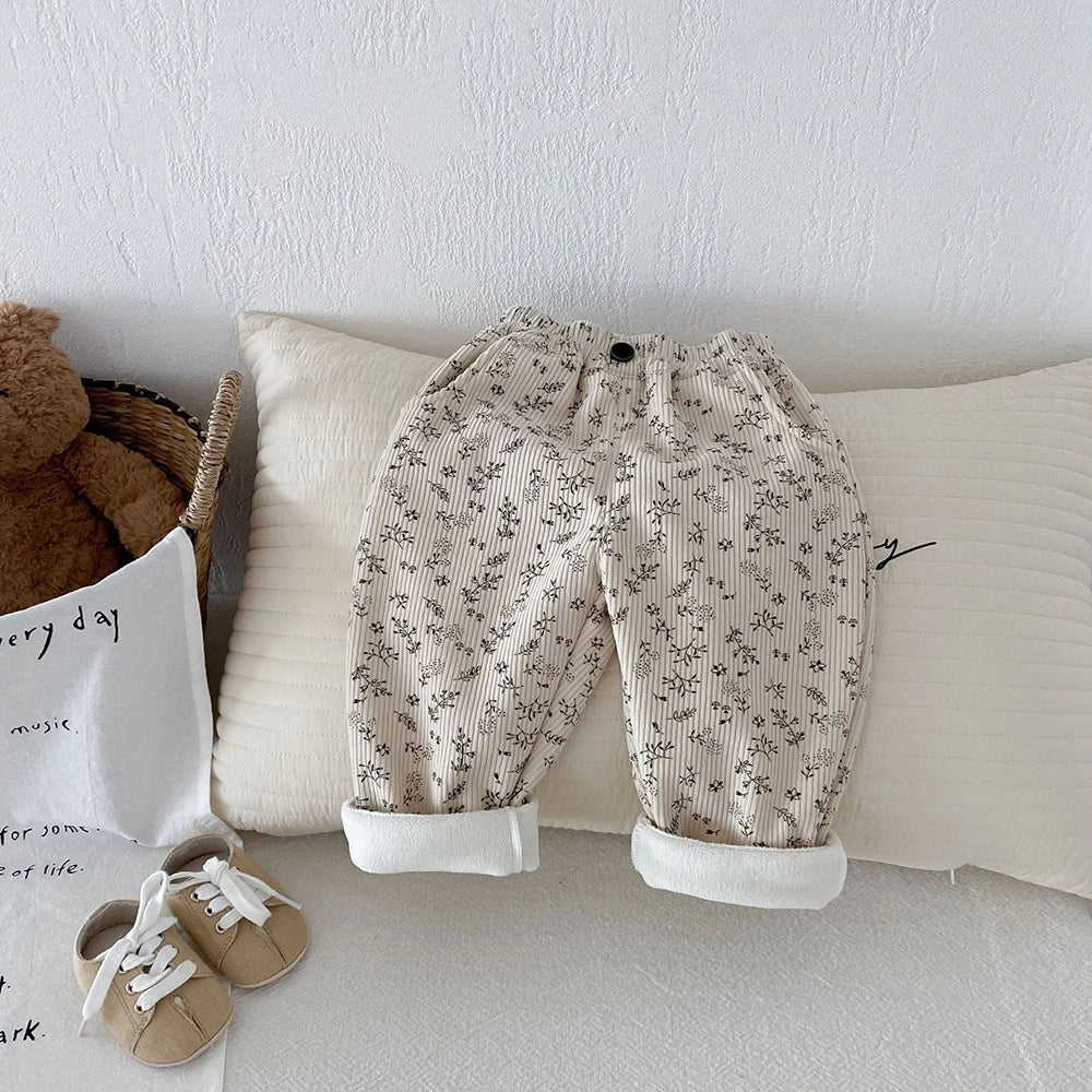 Autumn Kids Baby Pants Thickened Fleece Lining Floral Girls Trousers Warm Fashion Leopard Print Boys Pants Outwear 1-5Y Unisex