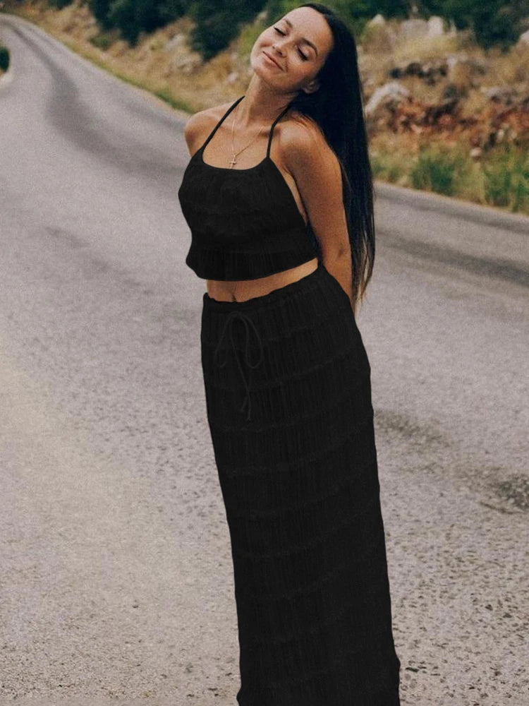 Sexy See-Through 2 Piece Set Women Lace-Up Halter Backless Crop Tops + Ruched Elegant Skirts Vacation Beach Party Suits