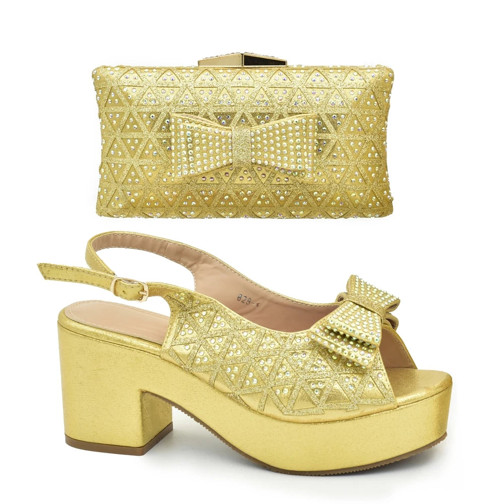 African Women Wedding Shoes and Bag Set Decorated with Rhinestone Africa Shoe and Bags Set Wedges Shoes for Women