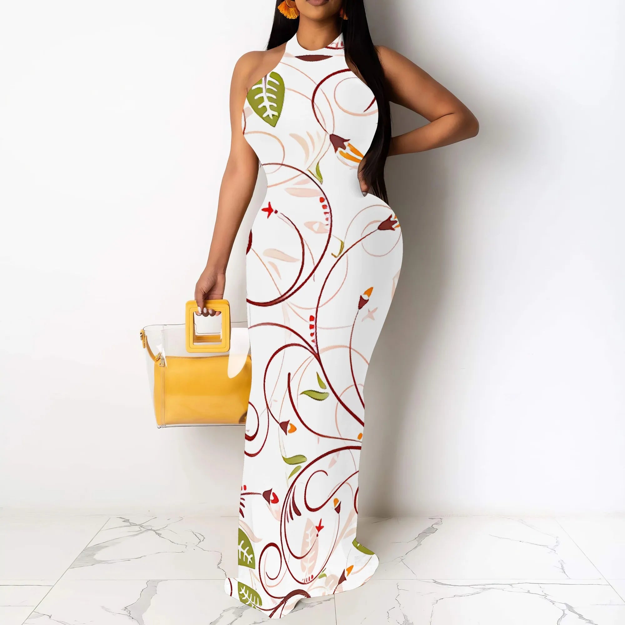 Halter Neck Maxi Dress Women Sleeveless Summer Elegant Floral Print Long Dress for Vacation Beach Party