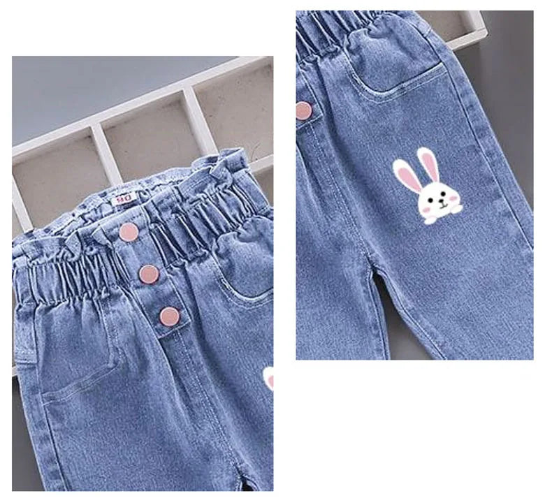 New Spring Kids Jeans Girls Boys Cute Embroidery Cherry Flower Denim Blue Pants Children Outwear Trousers 4-6Y Unisex