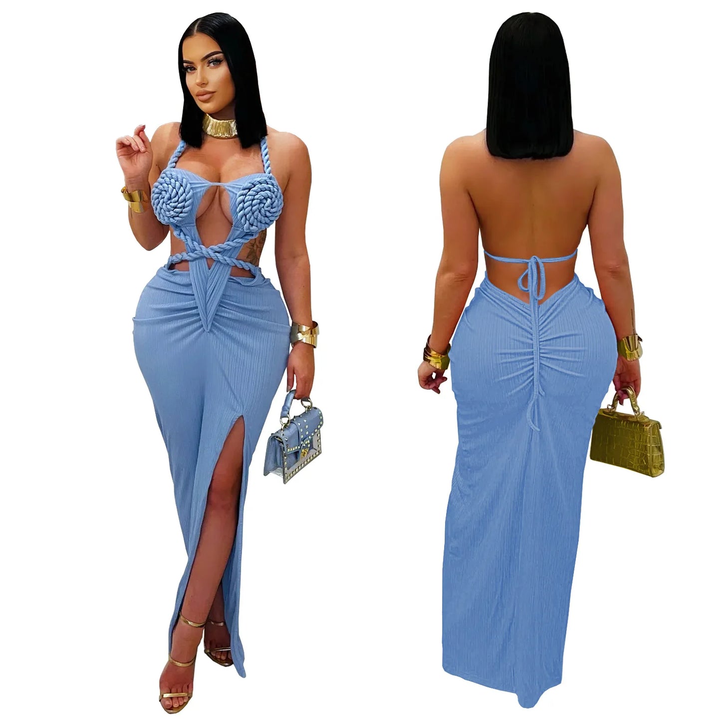Bohemia Knitted Women Maxi Dress 2025 Summer Halter Lace Up Backless Split Sheath Vestidos Beach Vacation Robe