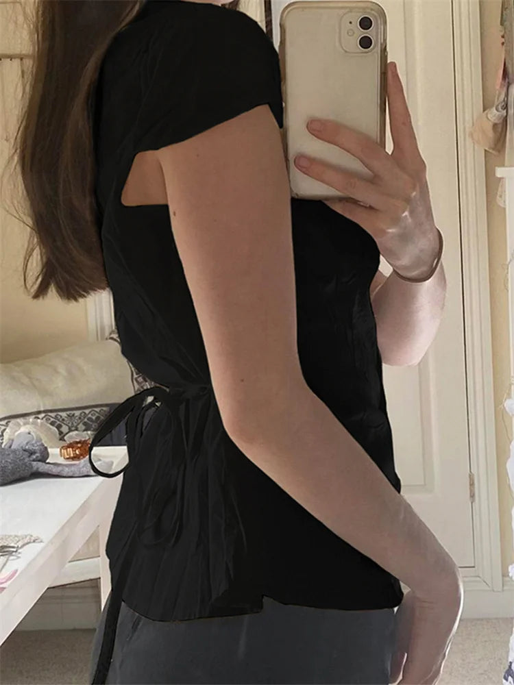 Women's Buttons Down Shirt, Short Sleeve Lapel Collar Back Tie-up, Slim Fit Tops For Summer Streetwear