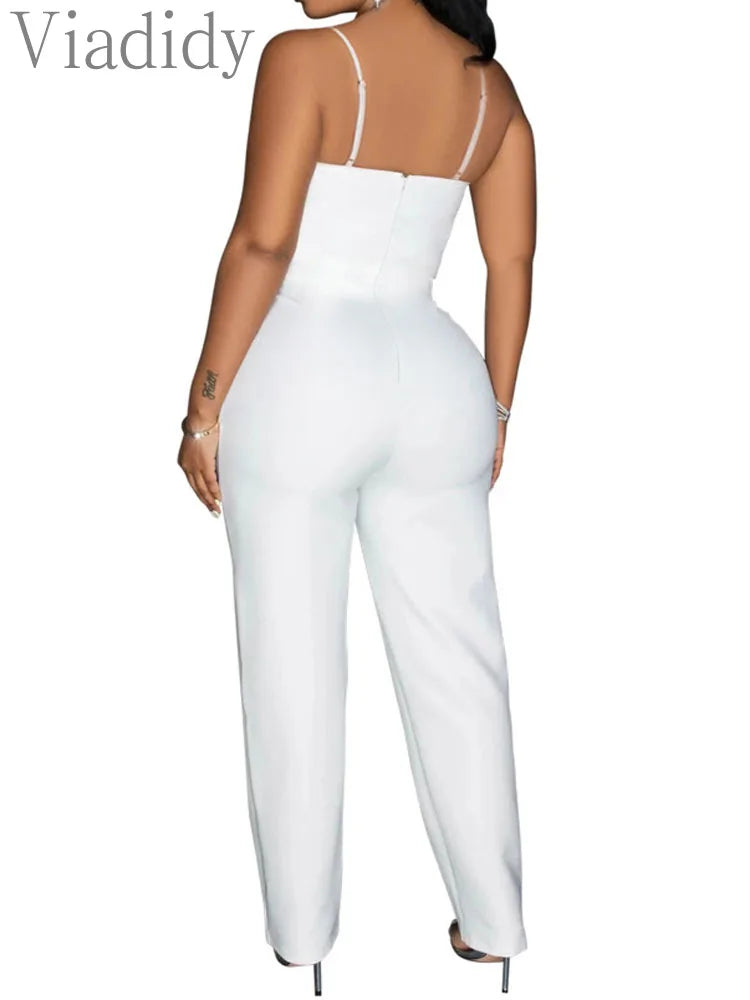 Spaghetti Strap Rhinestone Bowknot Decor Straight Jumpsuit