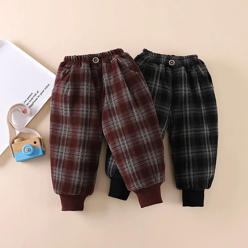 Winter Baby Children's Pants Girls Retro Plaid Thick Trousers Fur Lining Boys Warm Casual Pants 0-5Y Unisex