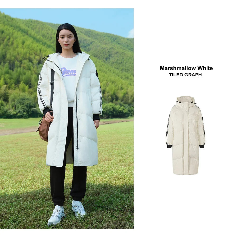 Women's Long Puffer Coat With Striped Webbing, Oversized Straight-Cut Sporty Style, Duck Down Thick Warm Jacket