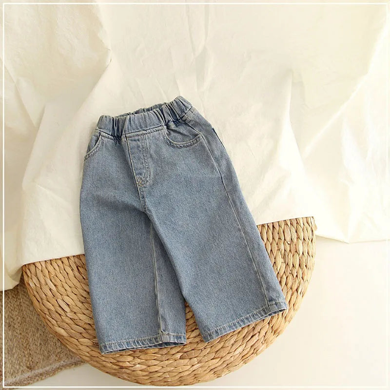 New Autumn Girls Boys Solid Colour Fashion Trousers Kids Pants Children Loose Wide Leg Jeans 1-6Y Unisex