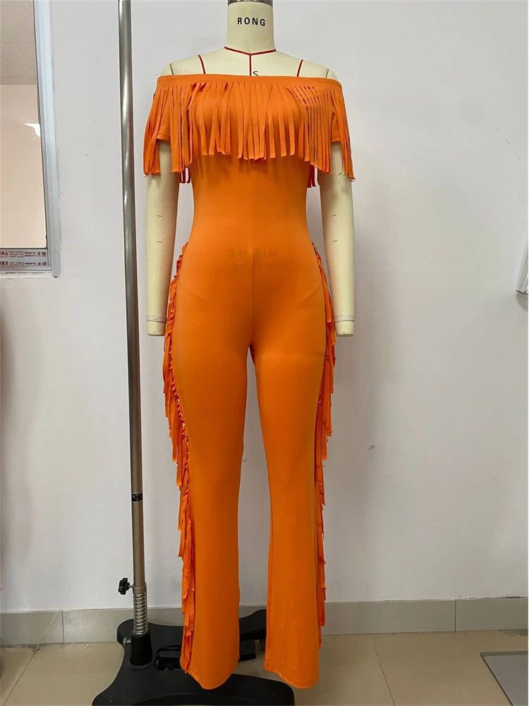 Tassel Patchwork Jumpsuits Women Slash Neck Short Sleeve Skinny Peach Hip 2025 Summer Street New Trend Solid Overalls