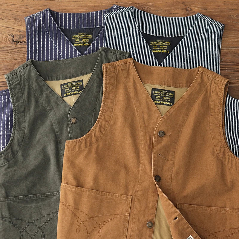 2024 Autumn New American Retro 12OZ Denim Cargo Vest Men's Simple 100% Cotton Washed Old Casual Multi-pocket Waistcoat Jacket