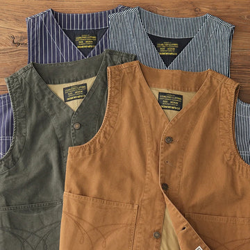 2024 Autumn New American Retro 12OZ Denim Cargo Vest Men's Simple 100% Cotton Washed Old Casual Multi-pocket Waistcoat Jacket