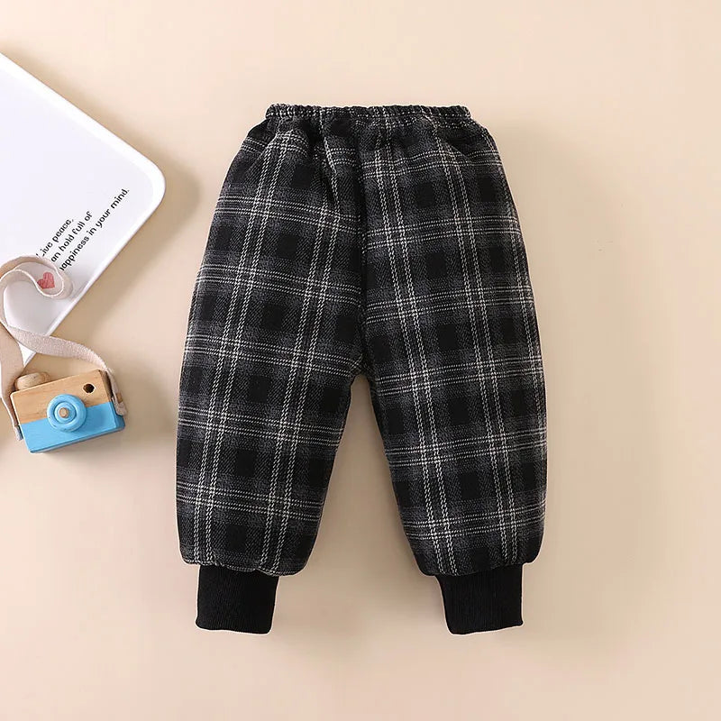 Winter Baby Children's Pants Girls Retro Plaid Thick Trousers Fur Lining Boys Warm Casual Pants 0-5Y Unisex