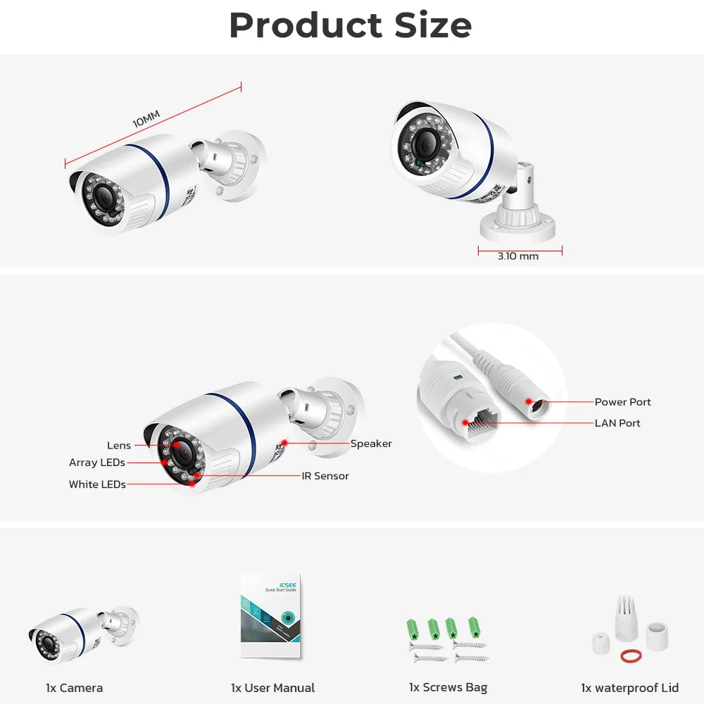 Poe Camera 48V POE/DC 12V 4MP/5MP/8MP H.265 Onvif Security Surveillance Bullet CCTV Camera Color Night Vision Outdoor IP Camera