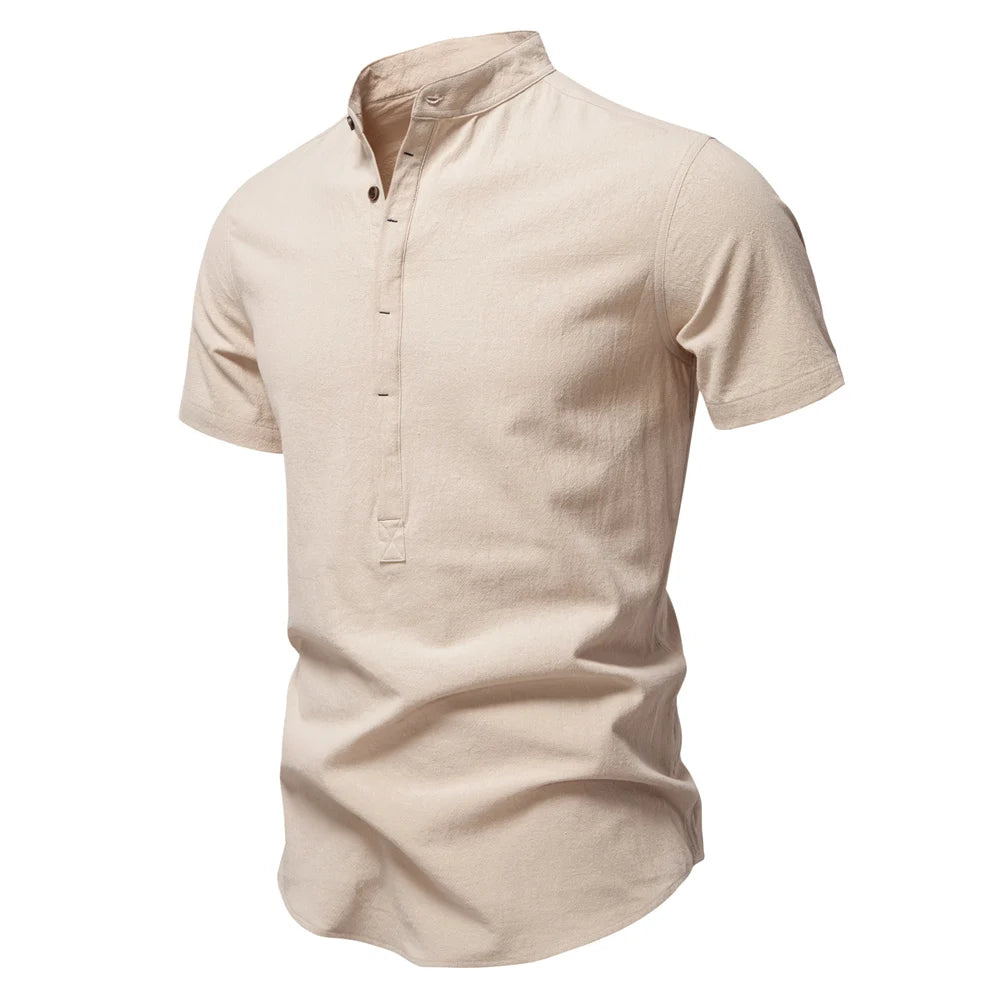 Men's Short Sleeve Solid Colour Linen Shirt Turn Down Collar Casual Summer Breathable Comfort Shirts for Men‌