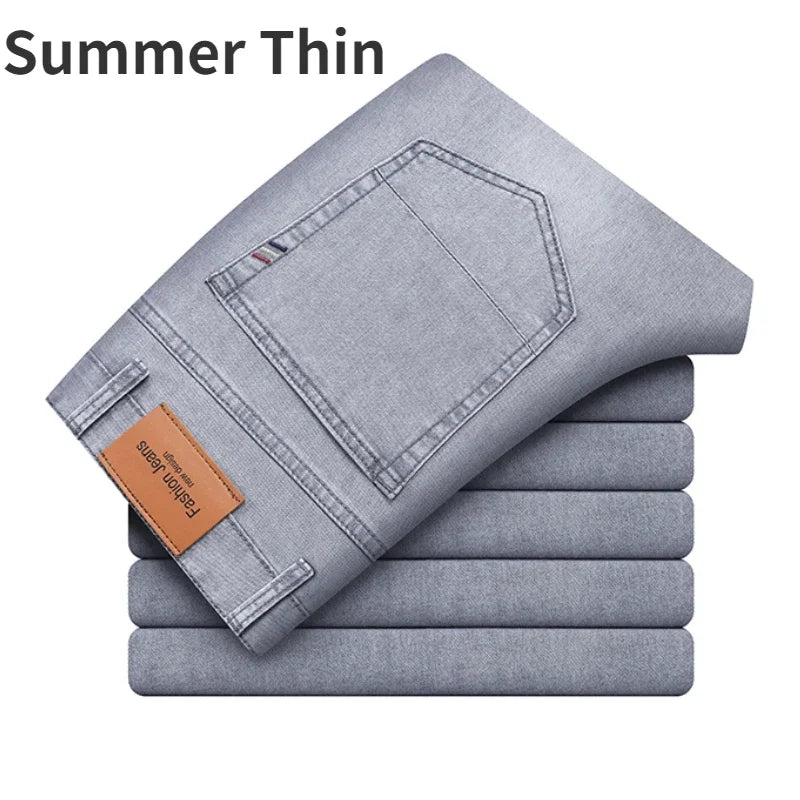2025 Dunne of dikke stoffen kantoor- en zakenjeans voor heren, klassiek blauw, zwart, katoenen stretch, rechte denimbroek, herenmerkbroeken