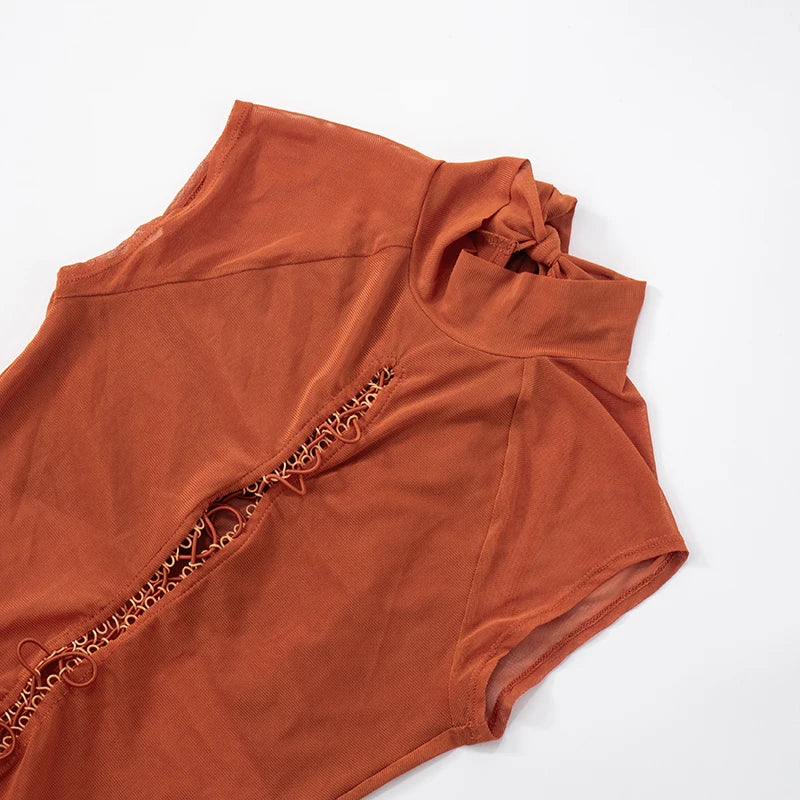 Hollow Sexy Dress Women o-Neck Coquette Sleeveless Patchwork Pleated Hem Halter Summer Midnight Clubwear Mini Bodycon