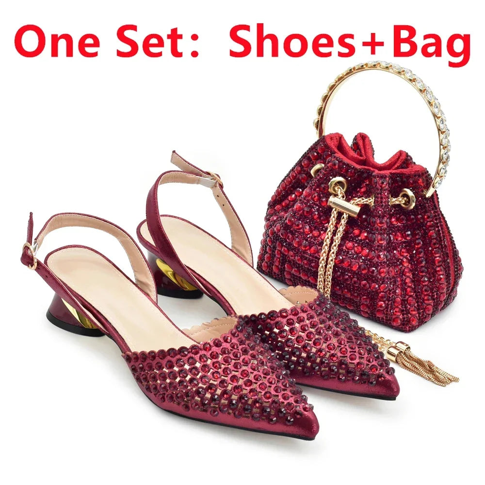 Italian Shoes with Matching Bags Set Rhinestone-Decorated with Medium Heels  for African Ladies' Party Pumps