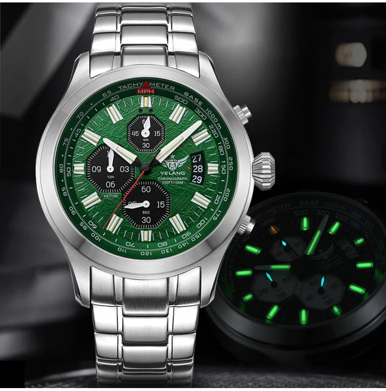 Yelang Men's Three Eyes Six Needles Japan OS00 Movement 100M Water Resistant Waterproof Diving Stainless Steel Quartz Watch