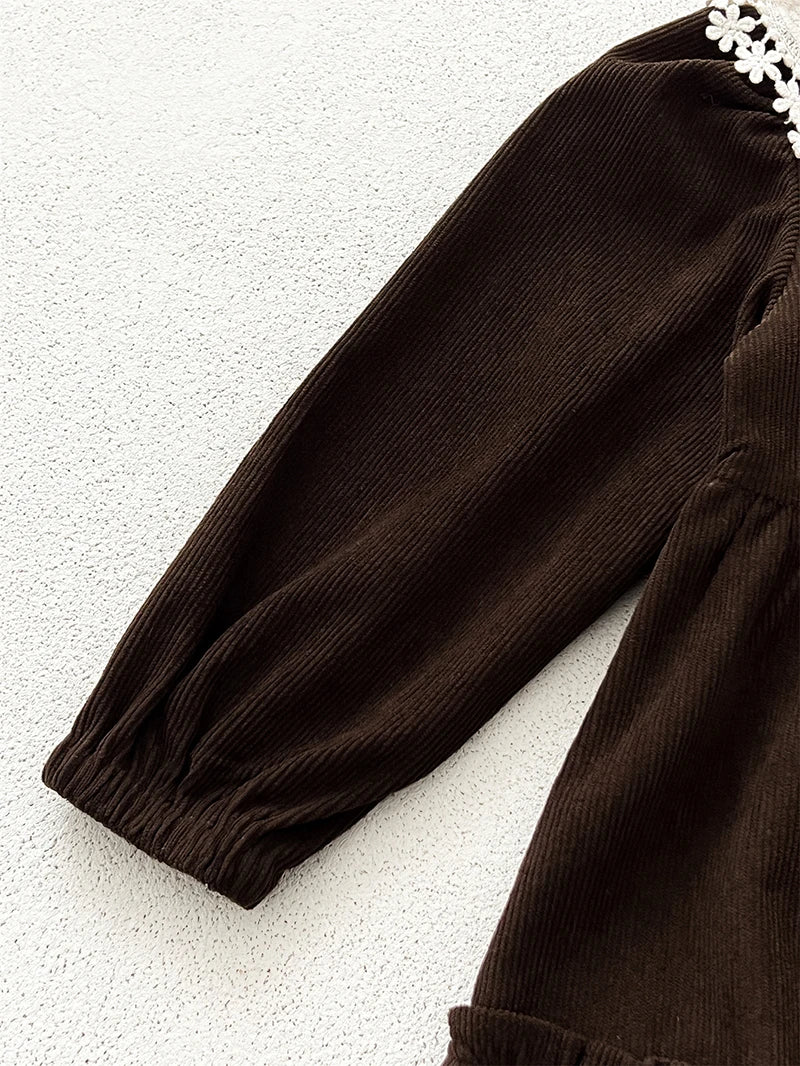 Spring Autumn Girls' Dress Corduroy Long Sleeve Lace Ruffled Collar Dress for Kid's Children's Clothing 2-6Y Girls