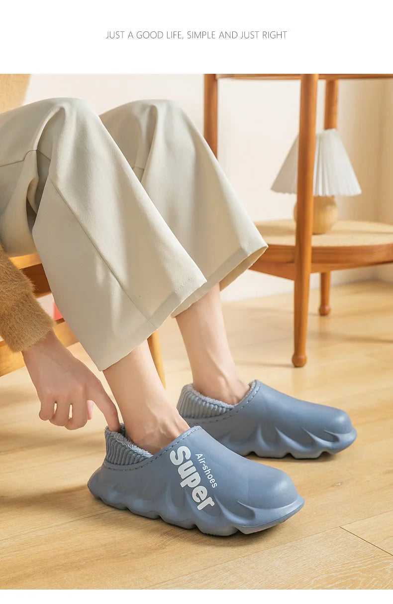 Unisex Winter Warm Cotton Slippers Indoor and Outdoor Waterproof Walking Shoes Fluffy Non-Slip Sandals For Women & Men