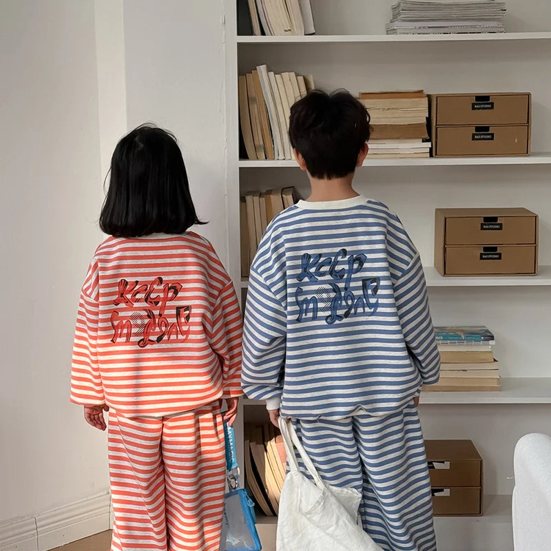 Spring Children's Clothes Boys' Tracksuit Kid's O-Neck Hoodie Set Girls' Korea Striped Letter Printed Sweatshirt 2Pcs Suit 4-6Y Unisex
