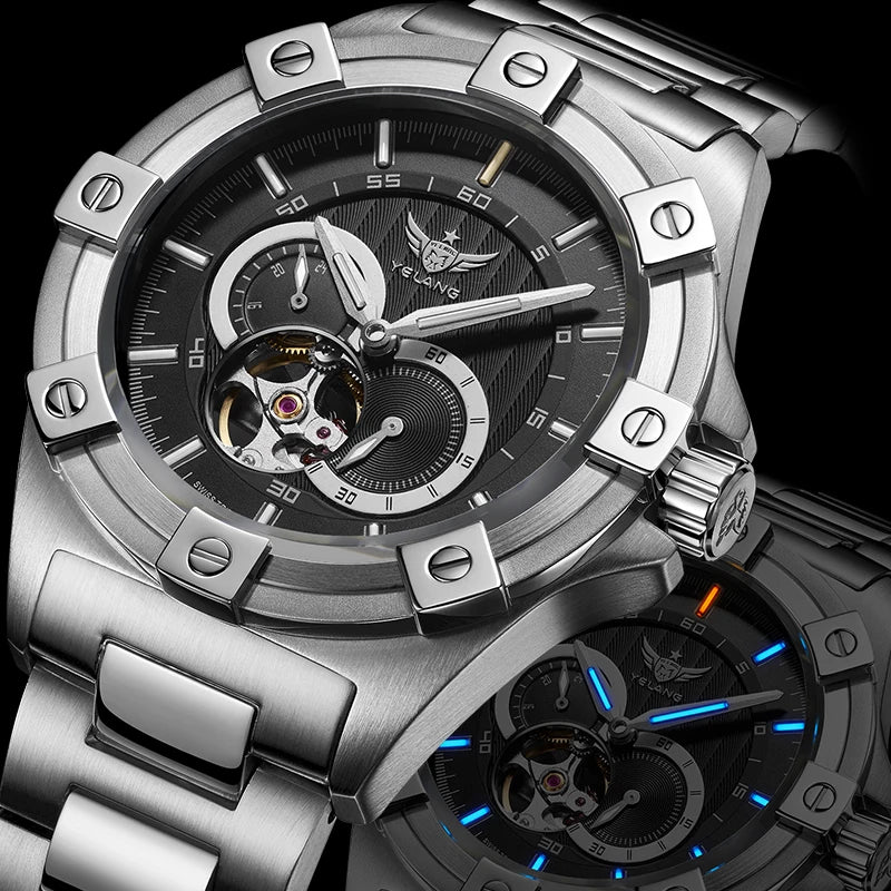 Yelang V1024 Men's 44mm Automatic Mechanical Watch Luminous 100m Water Resistant Japan Miyota 82S7 Movement Stainless Steel Band