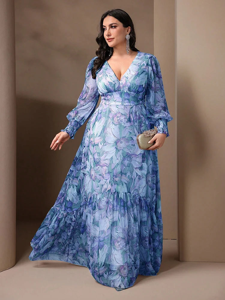 Women's Plus Size Spring/Summer Casual Elegant Floral Printed Dresses With Deep V-Neck and Lantern Sleeve Ruffles Hem Suitable For Vacation