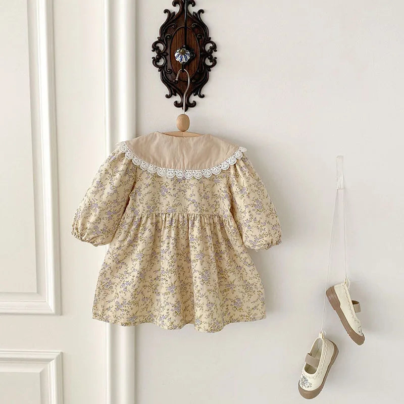 New Spring Girls Floral Dress Kids Cute Lace Doll Collar Princess Dress Children Sweet Flower Clothes For Kids 1-3Y Girls