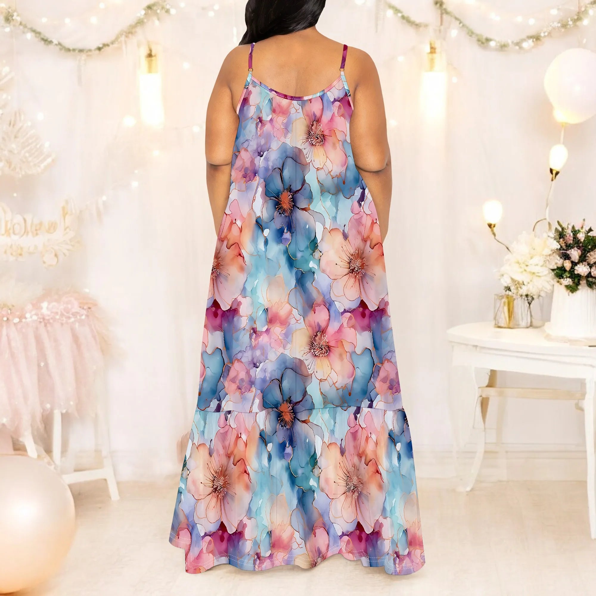Watercolor Floral Print Sleeveless Maxi Dress Women Casual Beach Style Spaghetti Strap Outfit