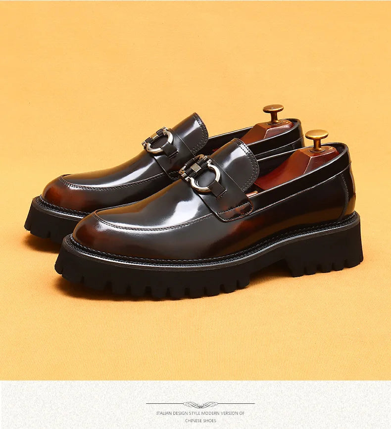 Cow Leather British Loafers Men Glossy Leather Business Casual Heightening Shoes - Non-Slip Tire Soles Dress and Round Toe Shoes