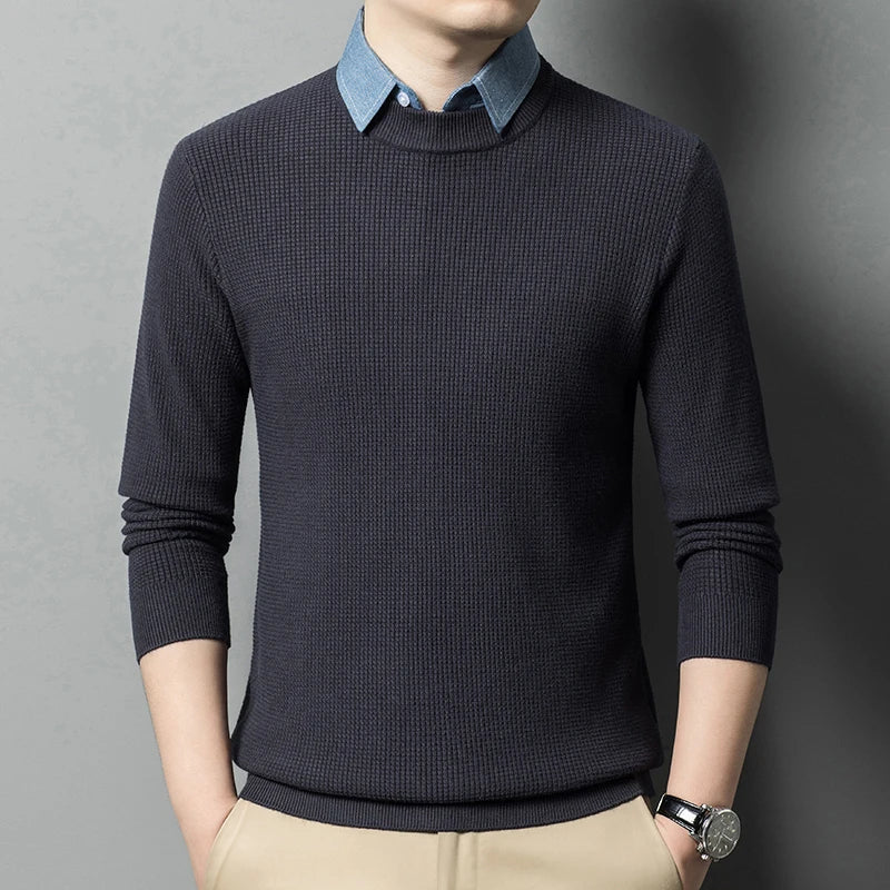Men's Top Grade Fake Two Collared Fashion, Designer Knitted Pullover Sweater, Casual Brand Slim Fit Male Jumpers