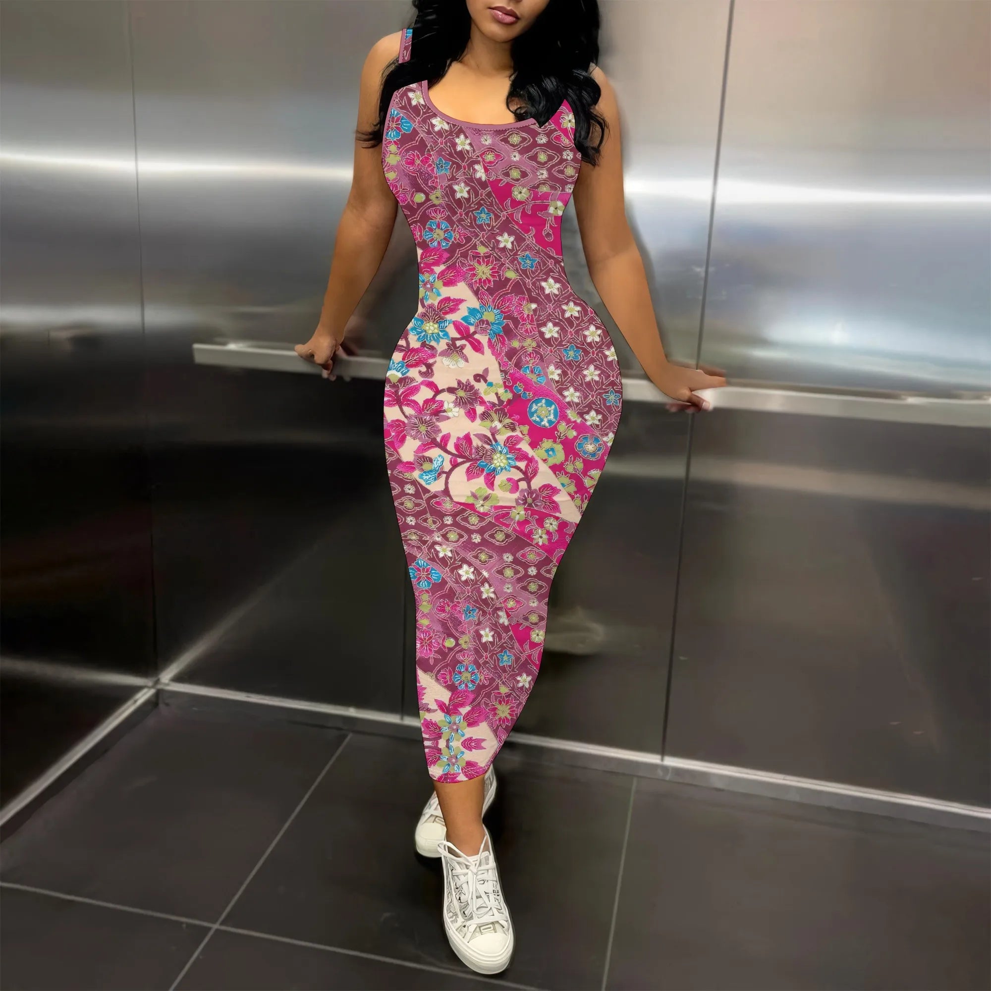 Women's Purple Polka Dot Sleeveless Printed Dress Polyester A-Line Midi Evening Winter Elegant Fit