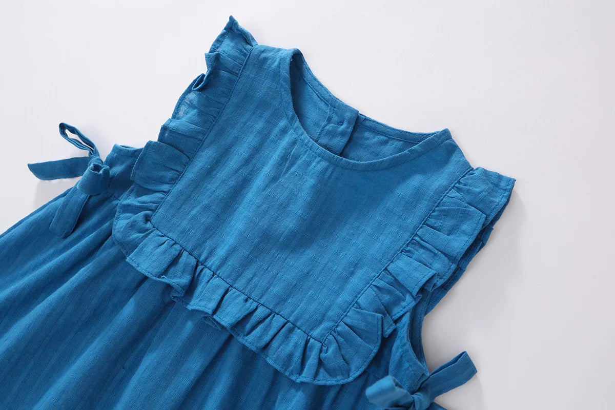New Summer Kids Sundress Korean Style Ruffled Blue Vest Style Dress for Girls Children Sleeveless Dress 4-6Y Girls