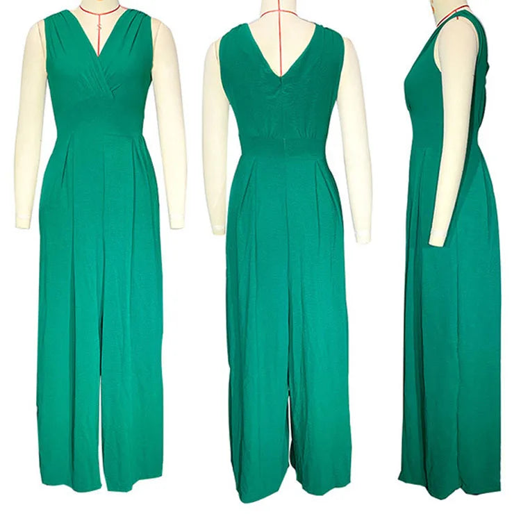 Women Solid Color V-Neck Sleeveless Side Pockets Wide Leg Jumpsuit