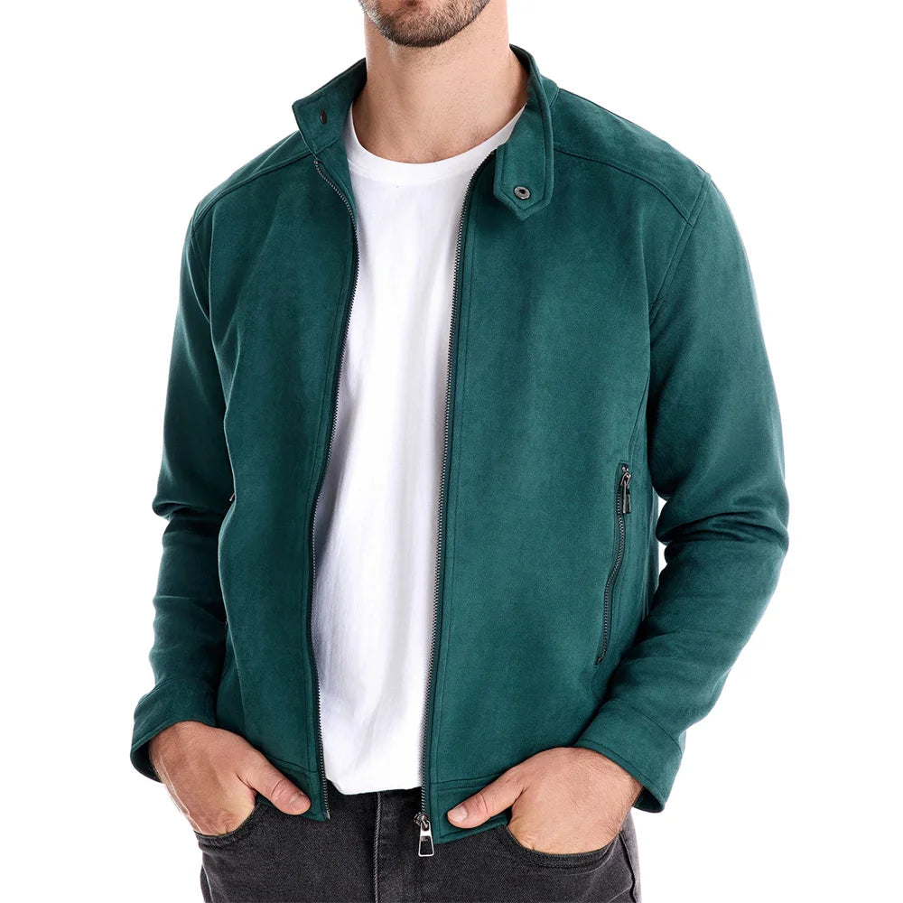 Men's Stand Collar Zip Suede Jacket Fashion Casual Business Faux Leather Trucker Jackets Coat for Men