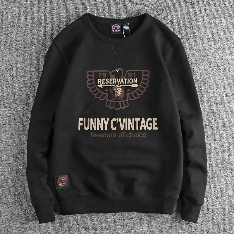 Winter American Retro 420g Thick Velvet Indian Elemet Printed Sweatshirts Men's Simple Washed Youth Casual Pullover Sportwear